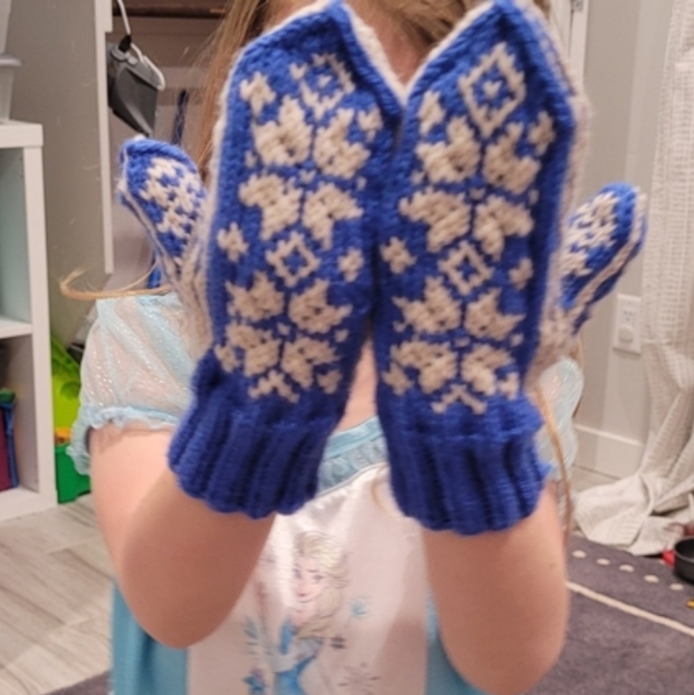 Hand-Knit Merino Wool Kids Mittens - Blue Snowflake "Frozen" Style